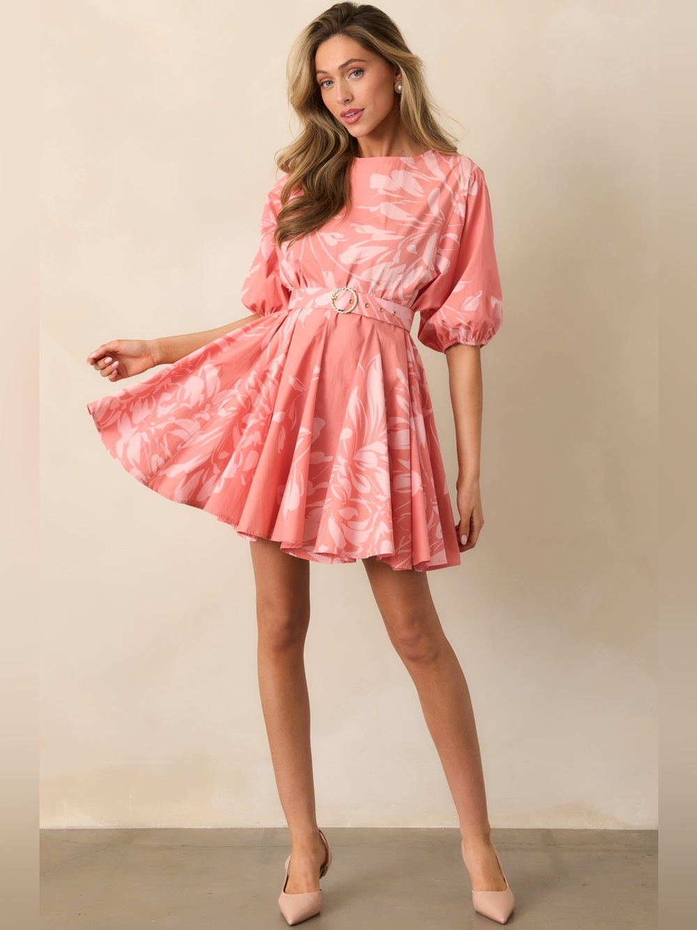 Prosperina Fallon Floral Belted Coral Mini Dress